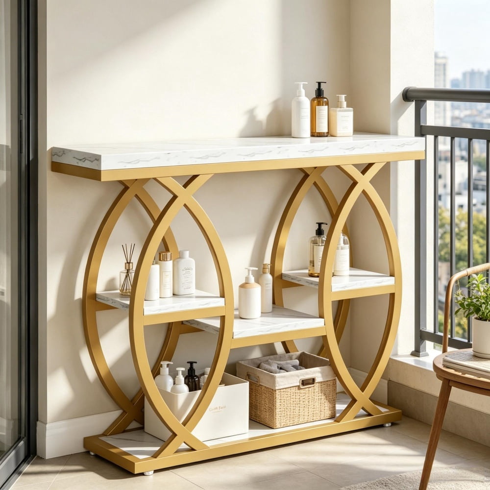 Long Console Table, 4-Tier Narrow Entryway Table with Storage, Industrial Metal Frame, Particle Board Top