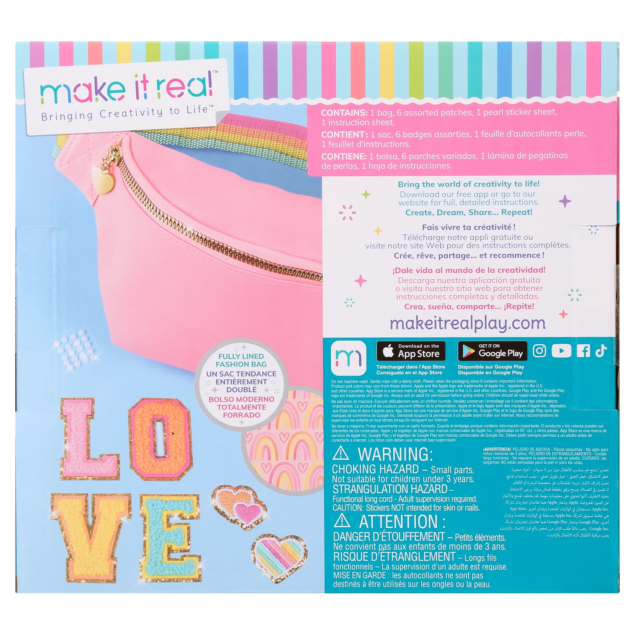 Make It Real: Fashion Bum Bag with Patches - 9 pcs, Pink Zipper Bag With Rainbow Band, DIY Customize, Love Patches, Tweens, Girls & Kids Ages 8+