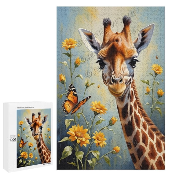 Giraffe With Flower Oil Painting 1000-Piece Puzzle for Adults - High-Quality Jigsaw for Relaxation and Enjoyment,Wooden