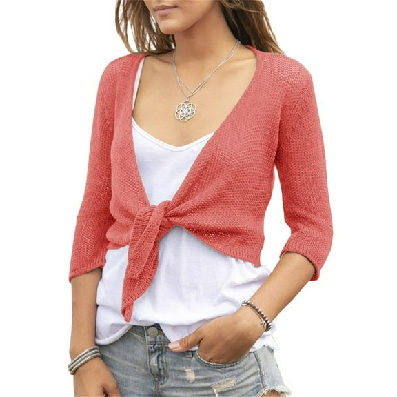 [3/4 Sleeve Lightweight Bolero Cardigan] Women's Tie Front Shrug 3/4 Sleeve Bolero Sheer Knotted Lightweight Cardigan Sweaters Short Shawl Tops