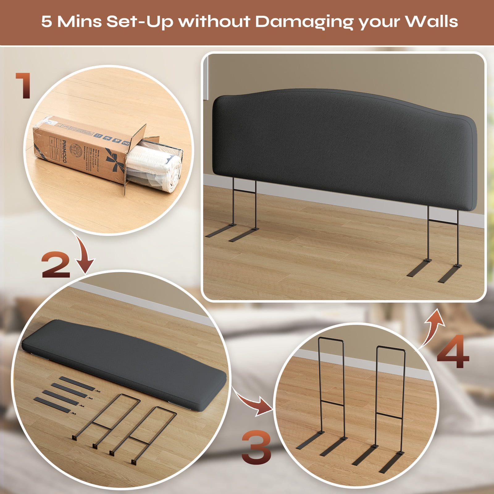 Pinmoco Upholstered Headboard for King Bed, Height Adjustable and Memory Foam Arc-shaped Head Board, Gray