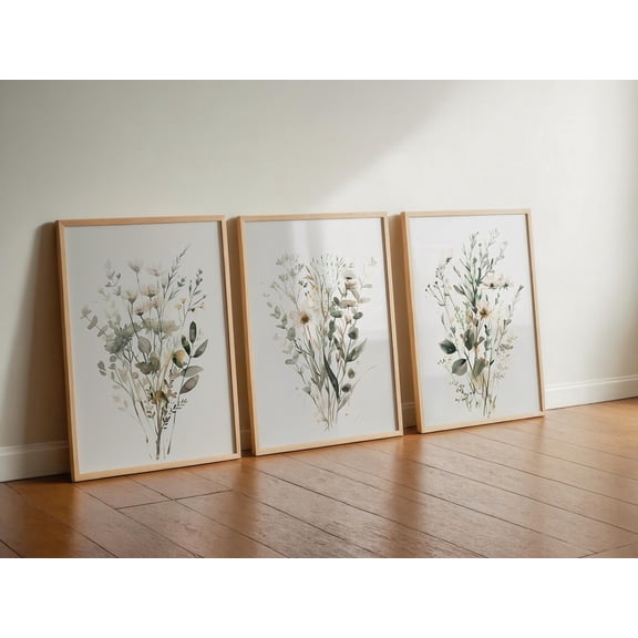 Neutral Spring Floral Art Wildflower Prints Sage Green Cottagecore Boho Decor Set 3 Unframed Paper Print 8x12