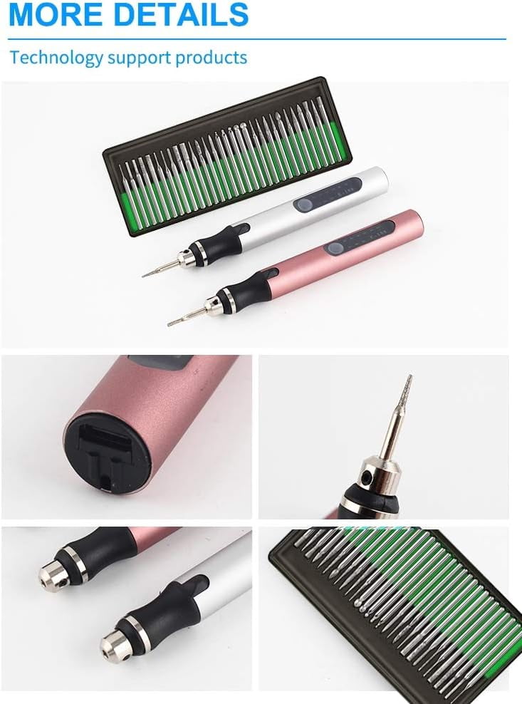Rechargeable cordless Electric Micro Engraver Pen Mini DIY Engraving Tool Kit for Metal Glass Ceramic Plastic Wood Jewelry with 30 Bits and 16 Stencils and 1 Scriber Pen（x）