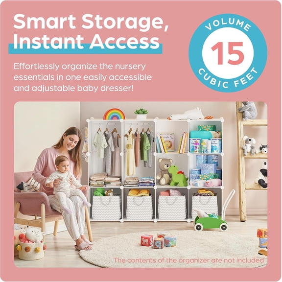 Baby Closet Organizer for Nursery:  Baby Wardrobe for Closet - Customizable Baby Dresser Amoire Shelves - Waterproof Shelf Clothes Organizer w/Wall Fixation (White)