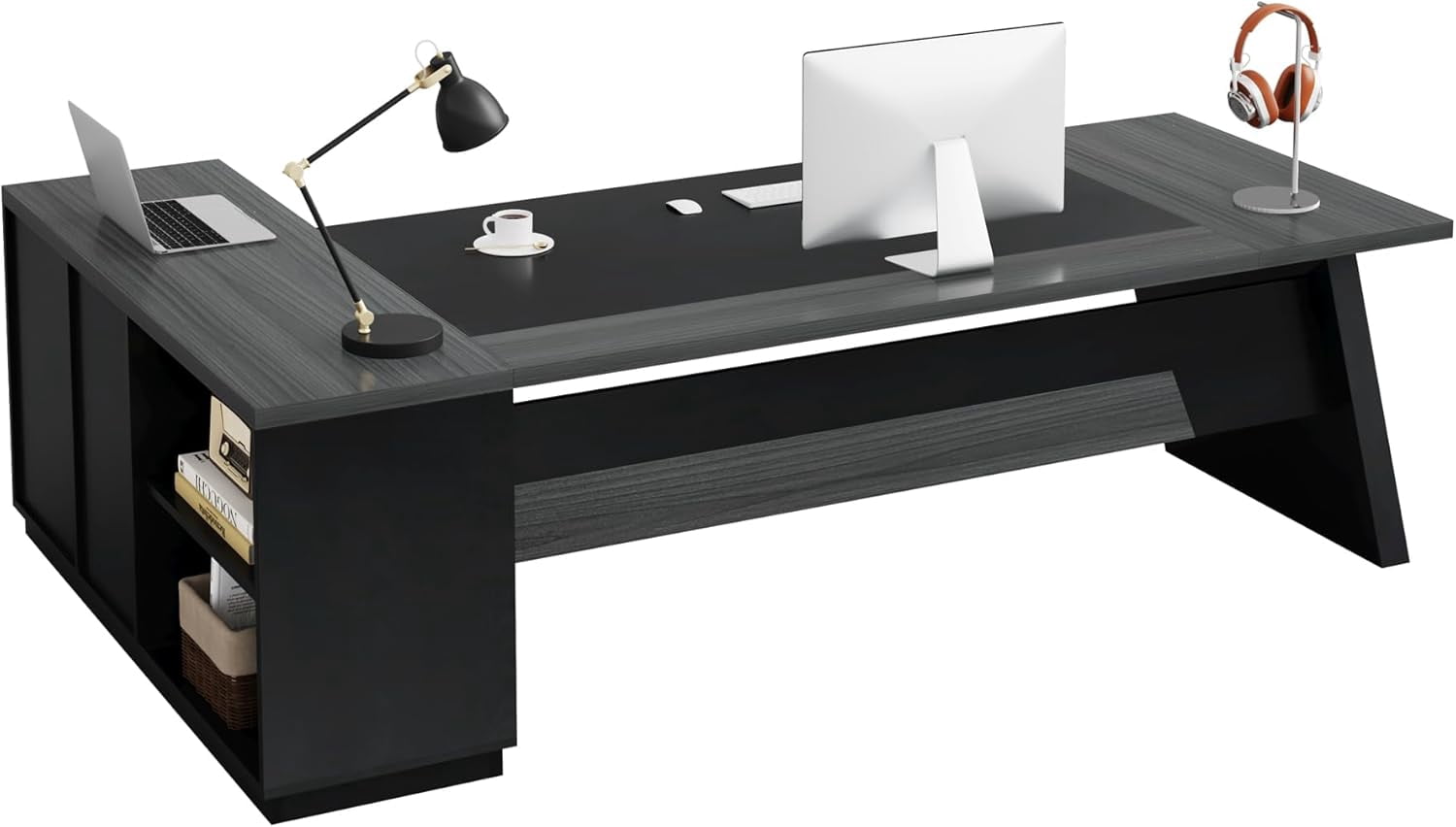 Modern L-Shaped Executive Desk 78-Inch Large Office Desk with Lateral File Cabinet and Storage Shelves Home Office Workstation Walnut Black