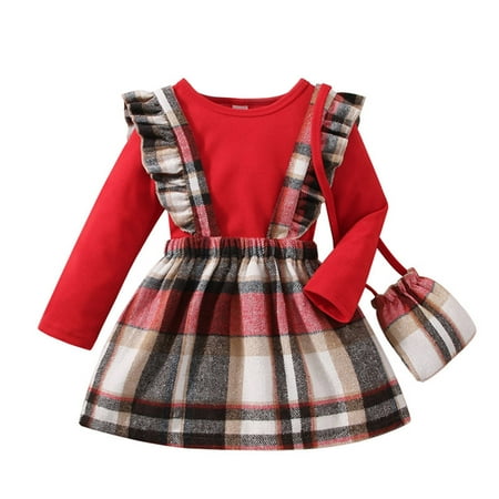

ZHAGHMIN Girls Summer Dress Outfits Kids Toddler Baby Girls Long Sleeve Solid Knitted T Shirt Tops Plaid Suspender Skirt With Bag Outfit Clothes Set 3Pcs Juniors Tops For Teen Girls Baby Girl Clothe