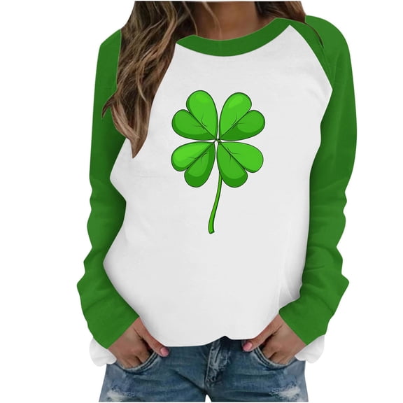 Ohufall Long Sleeve Shirts For Women, Spring Patchwork St. Patrick's Day Printed Round Neck Casual Loose Tee Pullover Women Tops