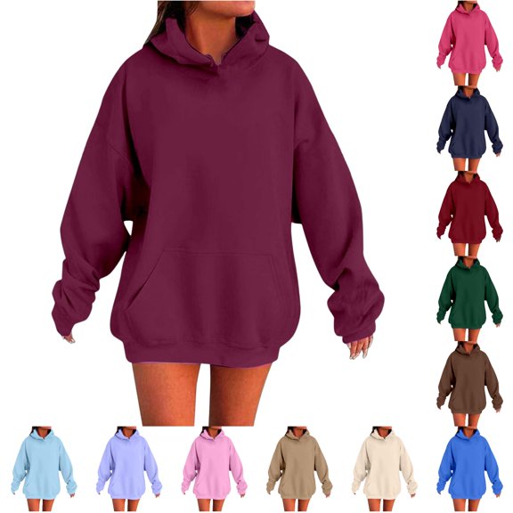 Uvwlwu Women Pullover Hooded Sweatshirt Oversized Drop Shoulder Fit Kangaroo Pocket Drawstring Hood Long Sleeve for Daily Casual Lounging Going Out Wear,RD4,XL