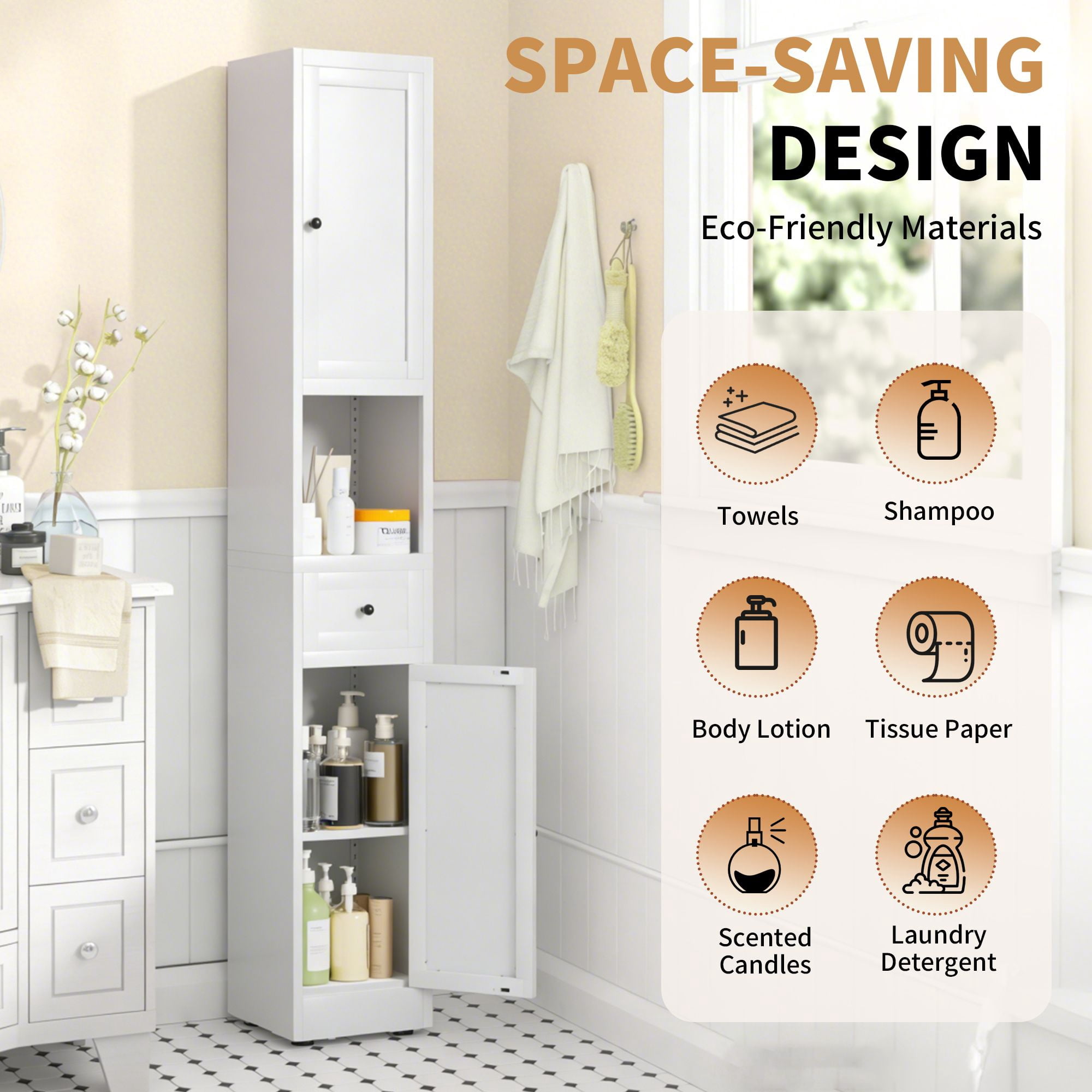 Tall Bathroom Storage Cabinet, 5-Tier Narrow Metal Cabinet with 2 Doors and Adjustable Shelves, 71 in Freestanding Space-Saving Organizer for Kitchen, Laundry Room, Pantry