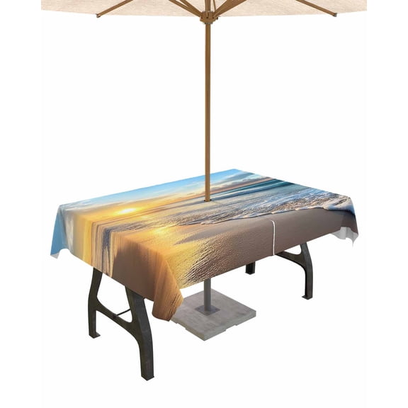 Outdoor Tablecloth with Umbrella Hole & Zipper, Summer Beach Rectangle Tablecloth 54x80 Inch, Sunset Ocean Coastal Nautical Patio Table Cover Waterproof Table Cloth for Picnic/Party