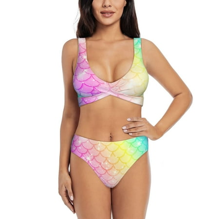 Zeuib Fish Scale High Waisted Tummy Control Bikini Set - Knot Front Push Up Top & Cheeky Thong Bottom  Two-Piece Swimsuit for Women-XX-Large