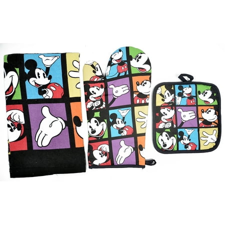 Mickey Mouse Color Squares 3pc Kitchen Set Oven Mitt Pot Holder Dish ...