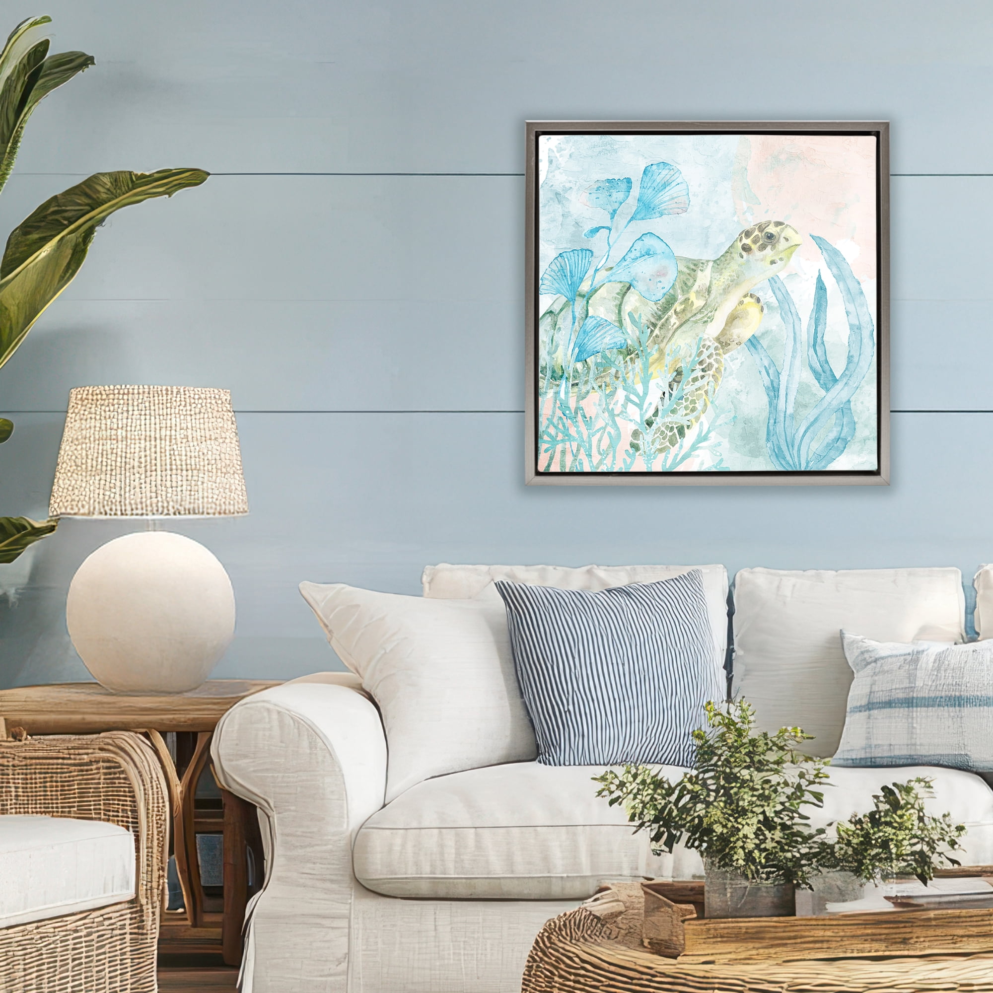 Stupell Industries Sea Swim Turtle Gray Framed Floater Canvas Wall Art, design by Kim Allen
