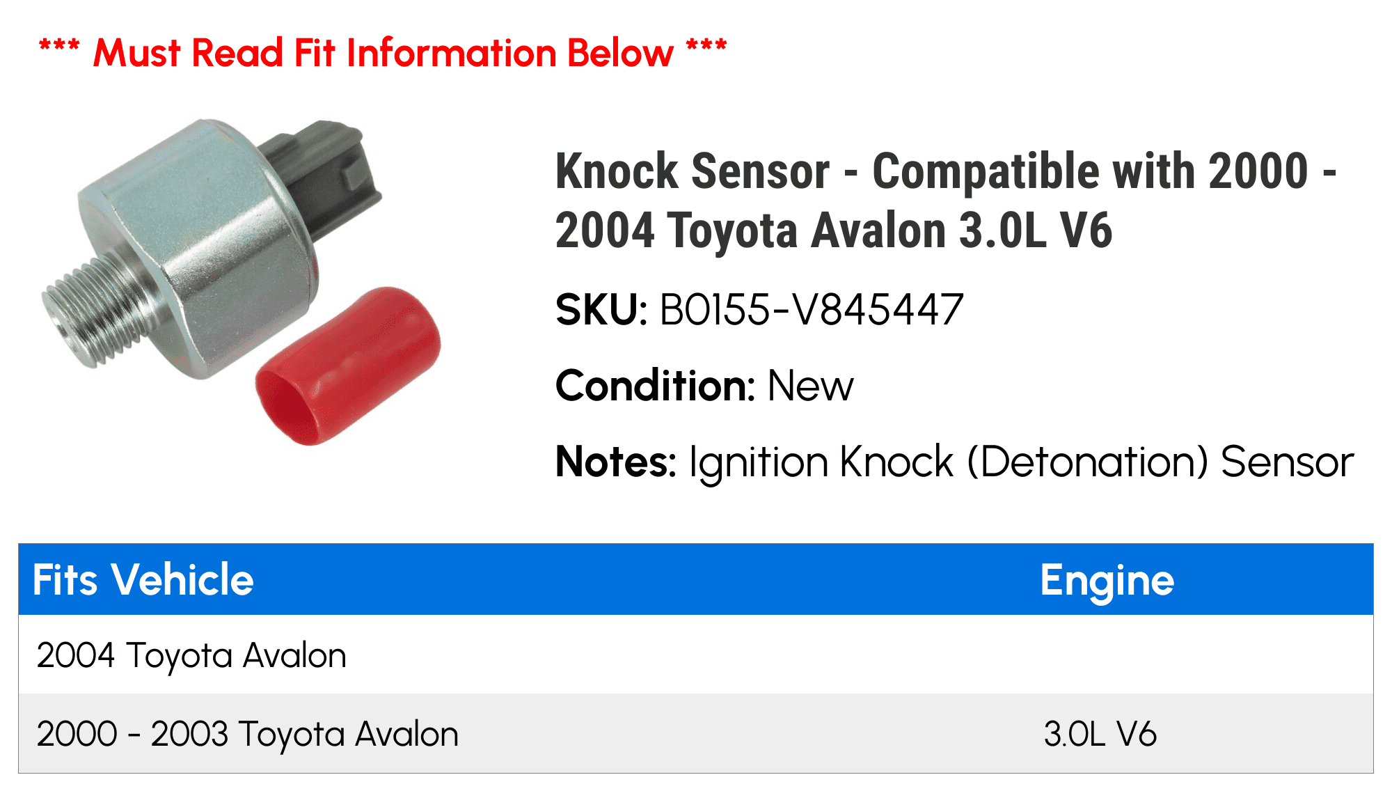 Knock Sensor - Compatible with 2000 - 2004 Toyota Avalon 3.0L V6 2001 2002 2003