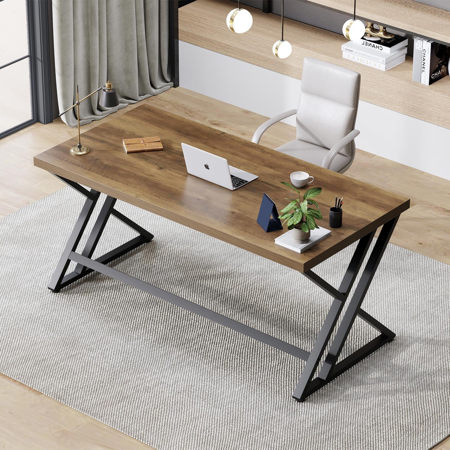 LVB Wood Computer Desk, Rustic Home Office Executive Desk for Bedroom,  Wooden Computer Writing Study Work Gaming Table, Modern Metal PC Student Simple Desk with Storage, 55 Inch, Rustic Oak