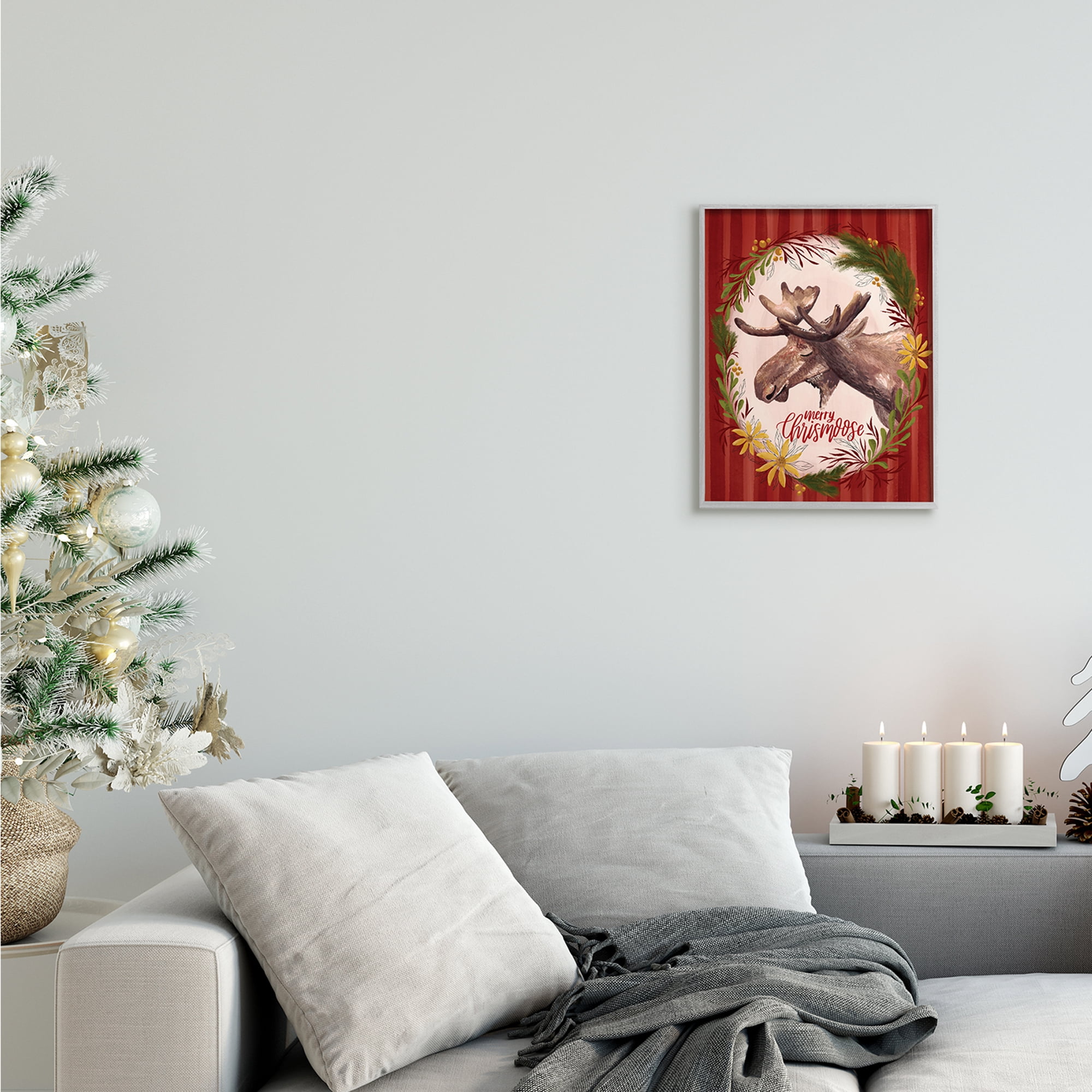 Stupell Industries Merry Chris-Moose Holiday Wreath Rustic Animal Pun Animals & Insects Painting Gray Framed Art Print Wall Art, 11 x 14