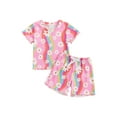 thumbnail image 2 of Elippeo Toddler Girl Rainbow Outfit, Daisy Print Short Sleeve Lettuce Trim Tops Elastic Waist Shorts Baby 2 Piece Summer Set, 2 of 9