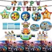 Angle View: Toy Story 4 Party Supplies Birthday Decorations, 82 Pcs Party Favors - Banner, Cake Topper, Plates, Table Knife, Fork, Spoon and Foil Balloon for Kids Themed Party