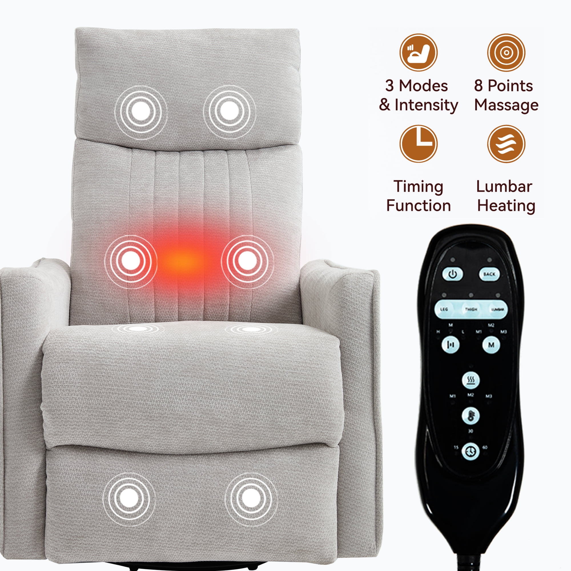 Gewnee Manual Recliner with 360°Swivel Rocker,8-Point Massage Recliner Chair with Heating,Comfy Single Sofa with Side Pockets for Living Room,Bedroom.Light Gray Chenille