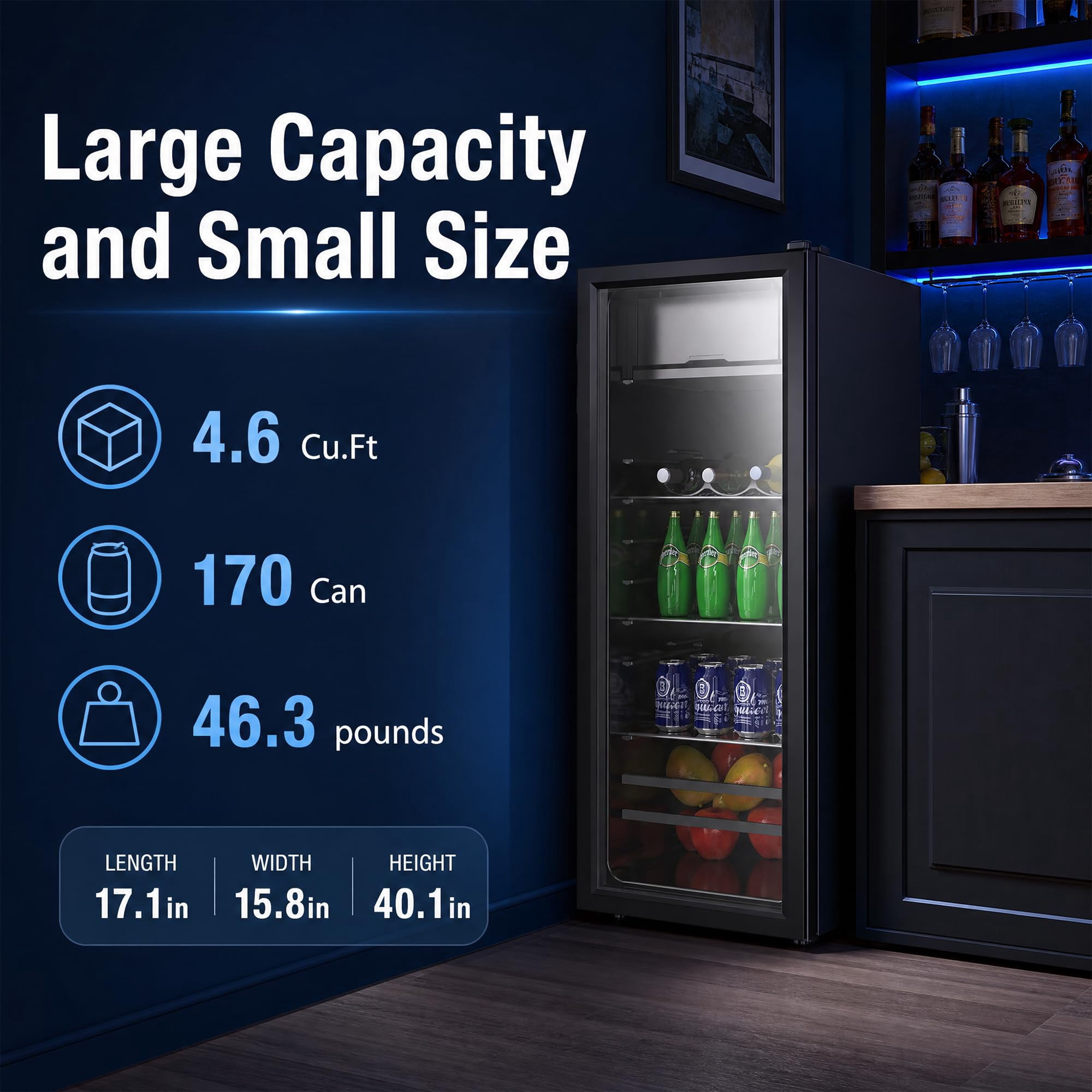 170 Can Beverage Refrigerator Wine Cooler, Digital 7‑Level Temperature Control Mini Fridge 32‑50°F, Humidity Lock Double Tempered Glass Door, Freestanding Drink Cooler for Home Bar Office Dorm