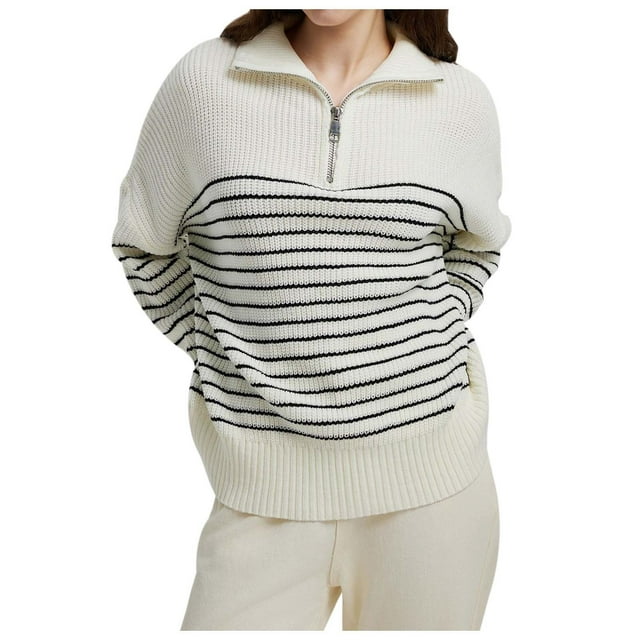 Chandail à Col Roulé Rayé Manches Longues Fermeture Éclair pour Femmes Automne Hiver Décontracté Chaud Doux Mode