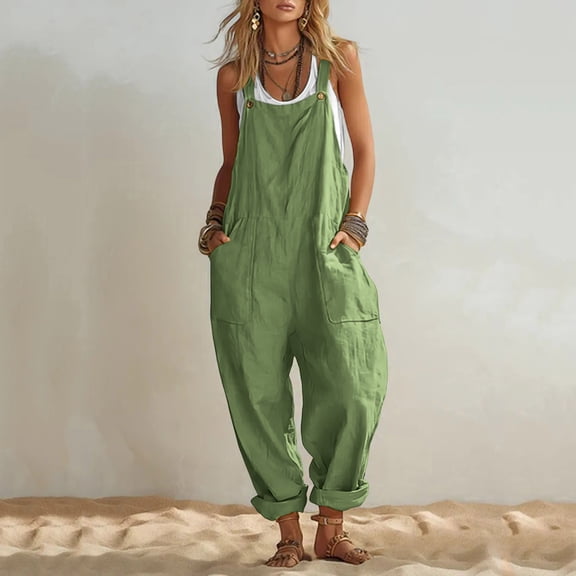 Oversized Linen Overalls for Women Sleeveless Suspender Jumpsuit Wide Leg Cuffed Pants with Pockets Casual Streetwear Green XL
