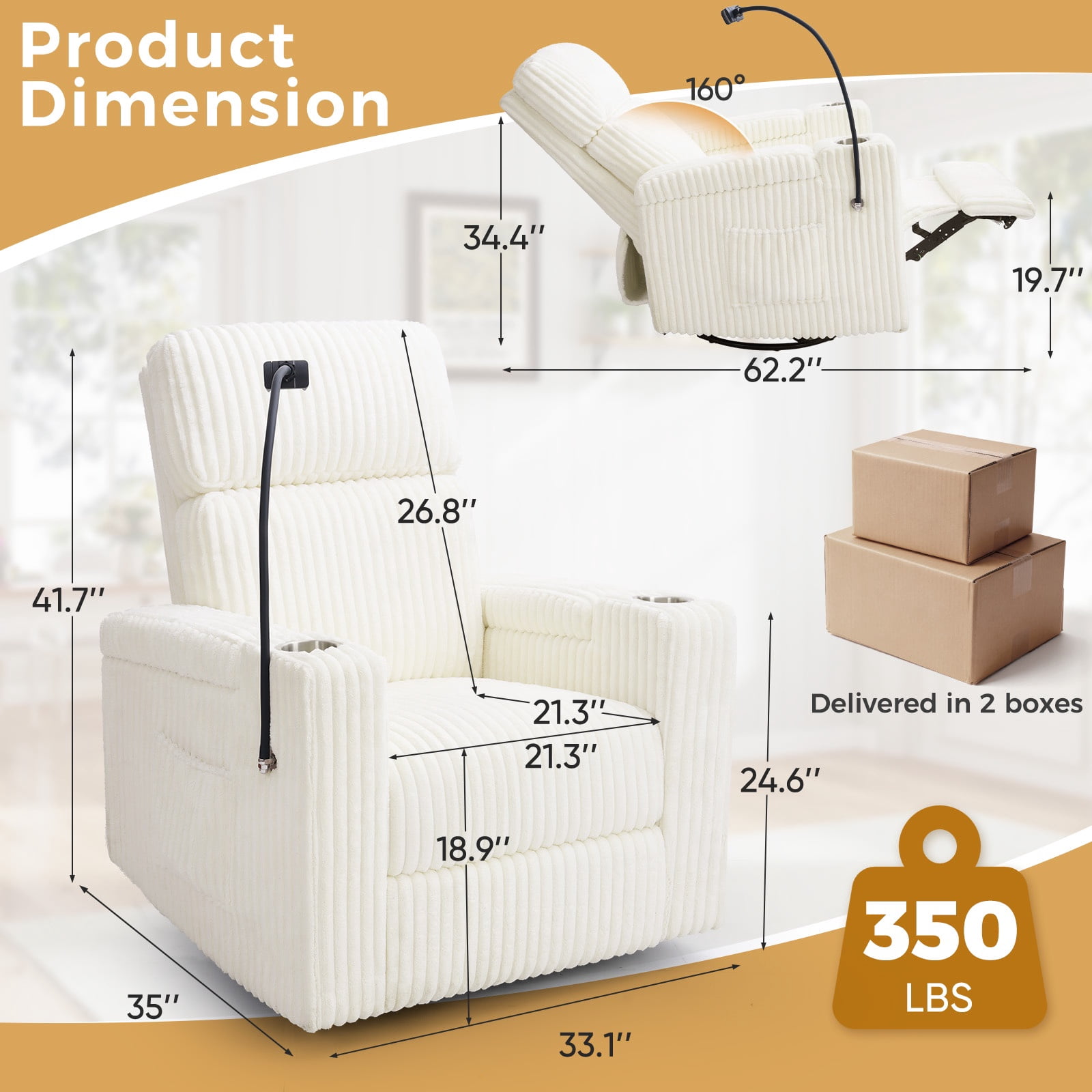 JULY'S SONG Power Recliner Rocking Chair for Nursery, Swivel Rocker Recliner Chair with Phone Holder, USB/Type-C Ports, Nursery Glider Recliners with Arm Storage,White