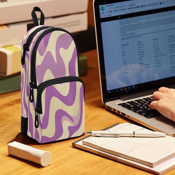 Backpack Pencil Case, 3 Compartment Large Capacity Oxford Fabric Pencil Pouch / Light Purple Cream Flowing