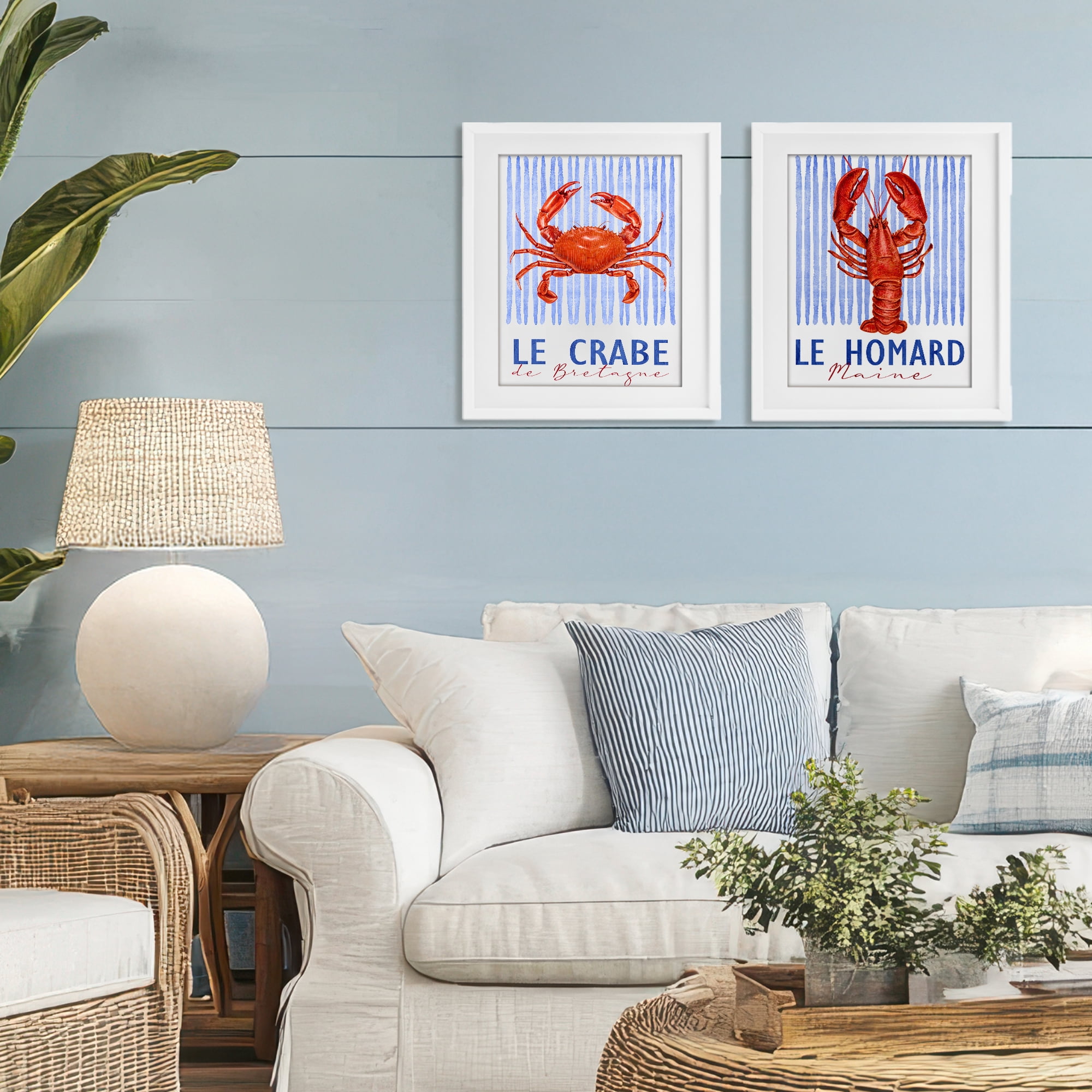 Stupell Industries Nautical Stripes Sea Creatures 2 Piece White Framed Print Under Glass Set, design by Kim Allen