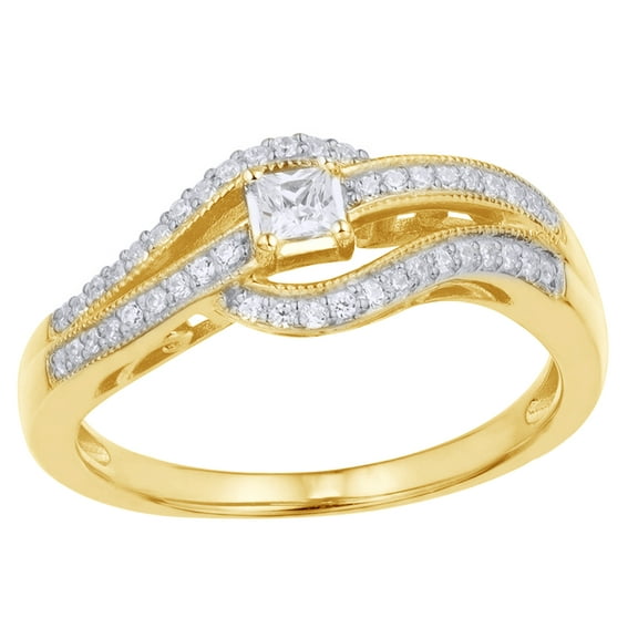AFFY Princess Cut White Natural Diamond Split Waves Promise Ring in 10k Yellow Gold