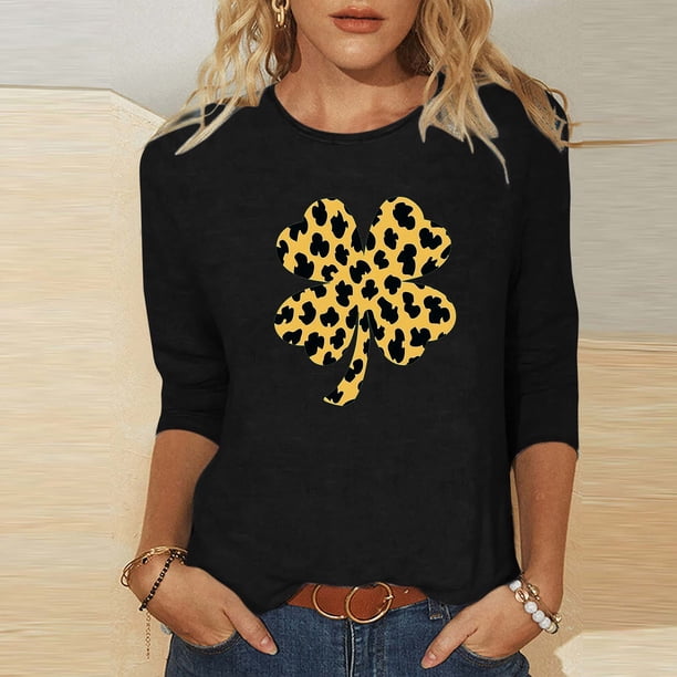 TaTaai Women St. Patrick's Print Crew Neck 3/4 Sleeve Black T-Shirt Loose Casual Top Ladies Spring Street Wear Lightweight Breathable Non-See-Through No Fading Soft Top Gift