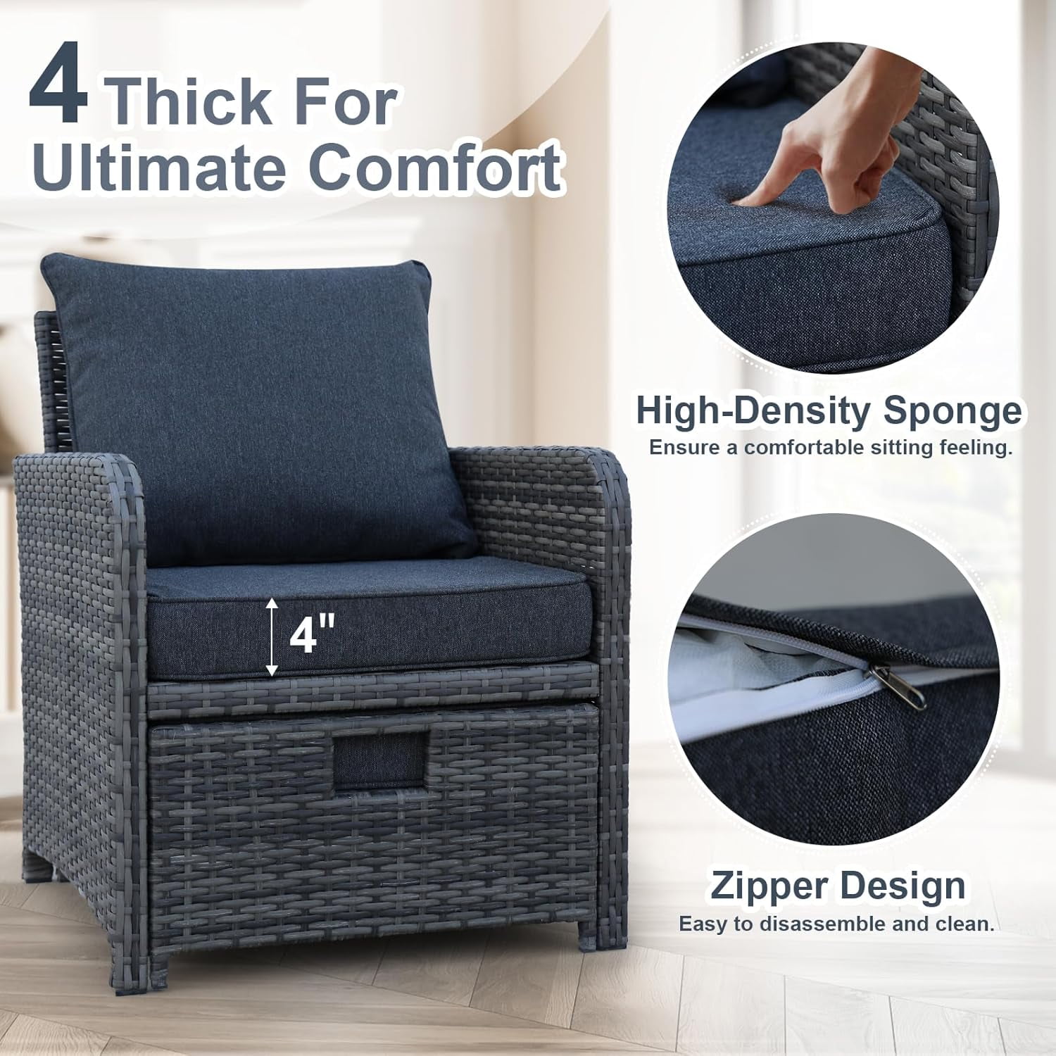 AENKYO Patio Furniture Set Rattan Patio Chair Set with Ottoman, Pillows Included, Perfect for Balcony, Small Space, Porch, 5 Pieces