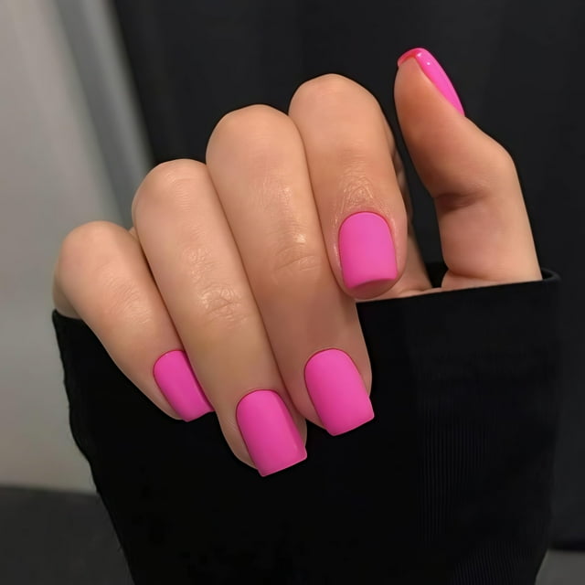 Uñas postizas cortas y cuadradas de color rosa neón mate, pegamento en uñas cuadradas cortas, pegamento de gel suave en las uñas, uñas cortas para mujeres, uñas acrílicas gruesas y reutilizables de co