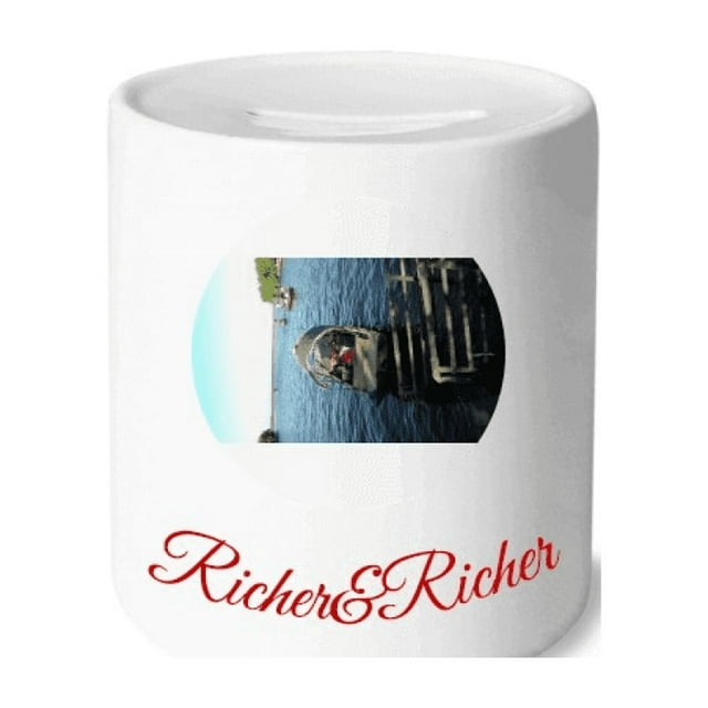Photographie de Bateau de Pêche au Lac Riche et Riche Banque Économisant la Pièce de Boîte