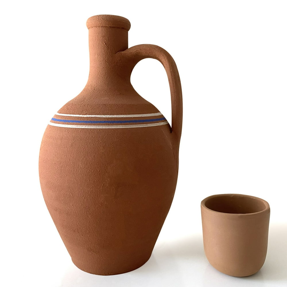 Earthenware Clay Water Pitcher with Mug, Terracotta Pot for Drinking
