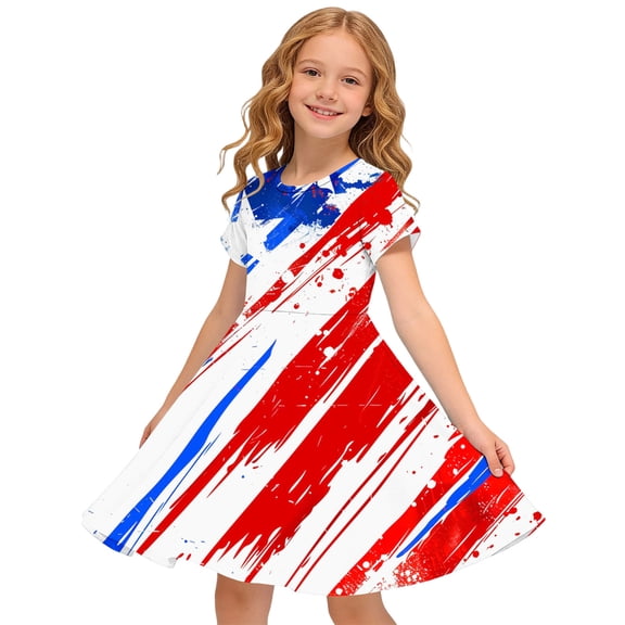 Amidoa Girl Dresses 4th of July Swing A-Line Short Sleeve Dress Casual Summer Sundress for Kids Multicolor Size 13