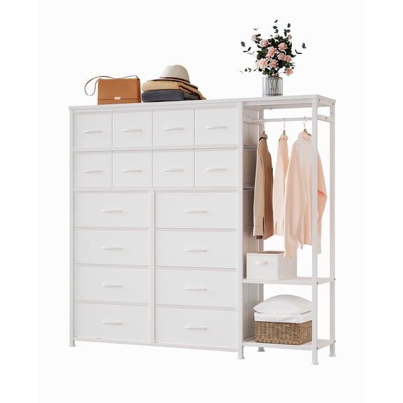 16-Drawer Fabric Wardrobe Organizer, Freestanding Closet Storage Rack with 2 Shelves and Hanging Rod
