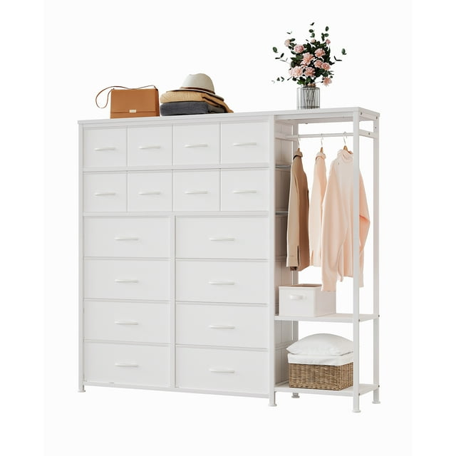 QinaQin 16-Drawer Wardrobe with Clothes Rack, Bedroom Tall Cabinet, Fabric Storage Tower Drawer Organizer