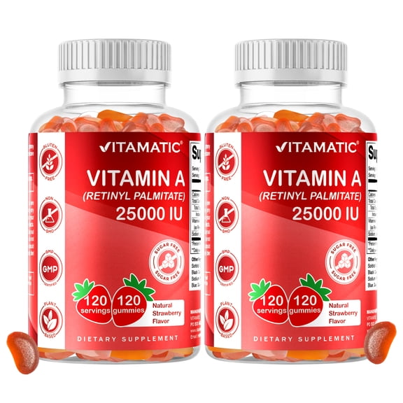 Vitamatic Sugar-Free Vitamin A 25000 IU Gummies, Natural Strawberry, 120 Count, 4.65 oz- 2 Pack