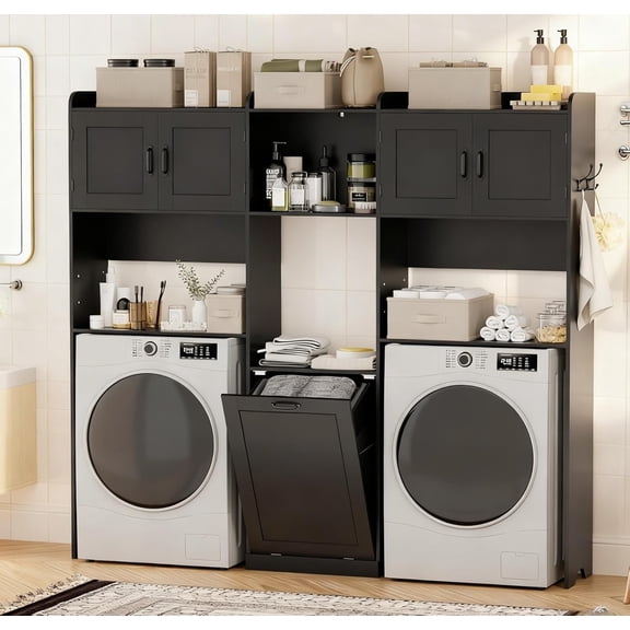 Over The Washer and Dryer Storage Cabinet, Laundry Room Organizer Standing Shelf with Tilt-Out Laundry Hamper Cabinet and Hooks, Space Saving Laundry Room Cabinets