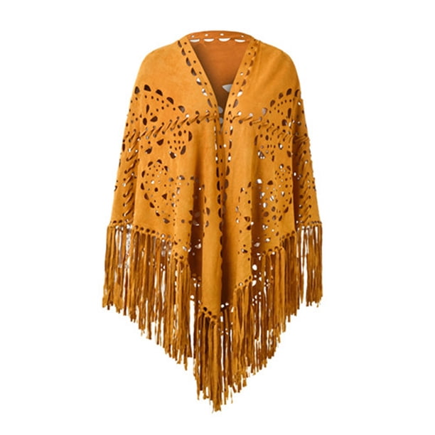 Bufanda poncho abierta con flecos de ante para mujer - Estampado perforado, poliéster, talla única - 190 cm de largo