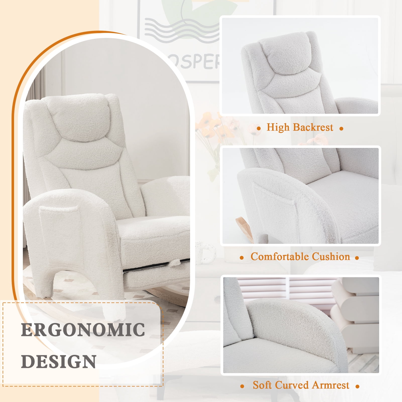 ALAKFORM Rocking Chair Nursery with Foot Rest,Upholstered Teddy Glider Rocker with Wood Legs, Nursing Rocking Chair Indoor for Living Room/Nursery,Ivory
