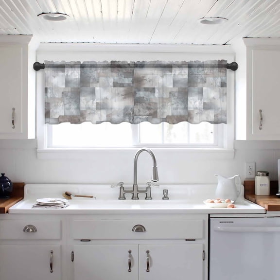 Gray Geometric Valance Curtains for Kitchen/Living Room/Bathroom/Bedroom Window, Modern Abstract Art Block Rod Pocket Small Topper Half Short Window Curtains Voile Sheer Scarf 54"x18"