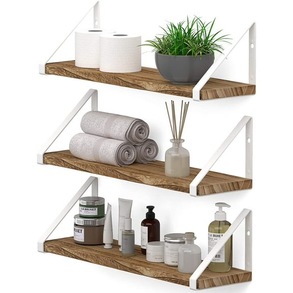 Wallniture Ponza Floating Shelves for Wall, Bathroom Shelf Wall Mounted, Set of 3, Burned Finish Wood Shelves with White Shelf Brackets