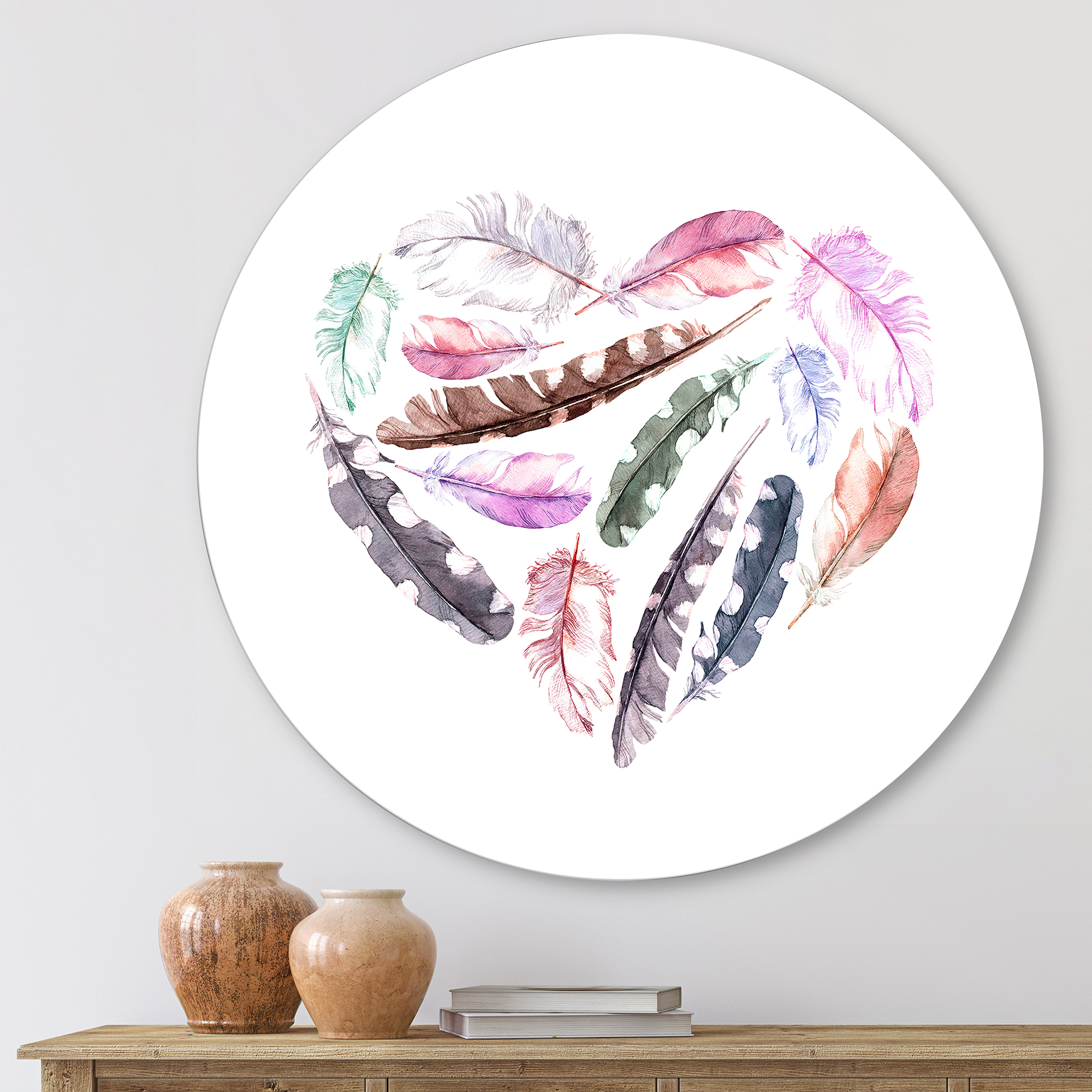 Designart 'Retro Pink Bird Feathers With Heart' Bohemian & Eclectic Circle Metal Wall Art 11x11 - Disc of 11