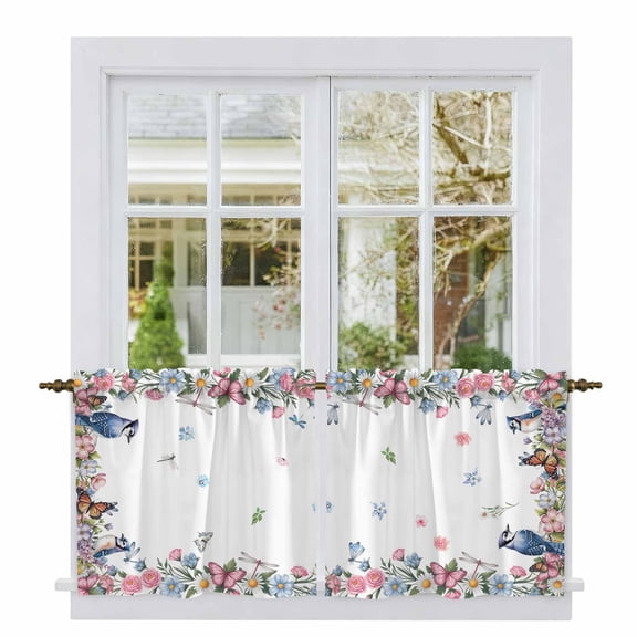 Spring Floral Tier Curtains 36 Inch Length, Watercolor Flower Butterflies Birds Plant Cafe Short Curtains for Bathroom Over Sink, Small Kitchen Curtain Light Filtering Drapes 2 Panels 27.5"Wx36"L