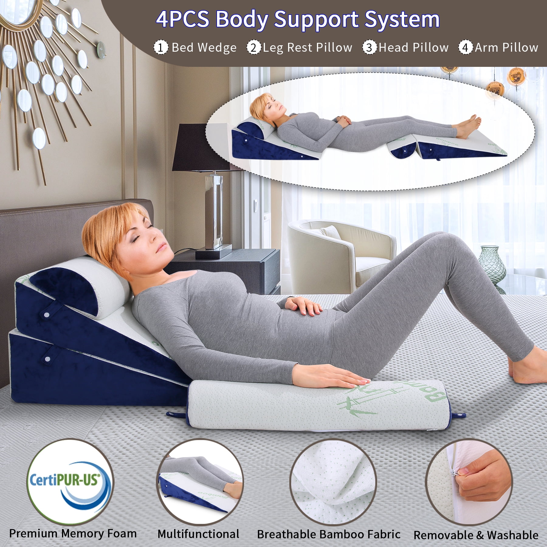 WDBBYL Memory Foam Wedge Pillows - Removable Cover, Post Surgery Recovery, Pain Relief 4 Count