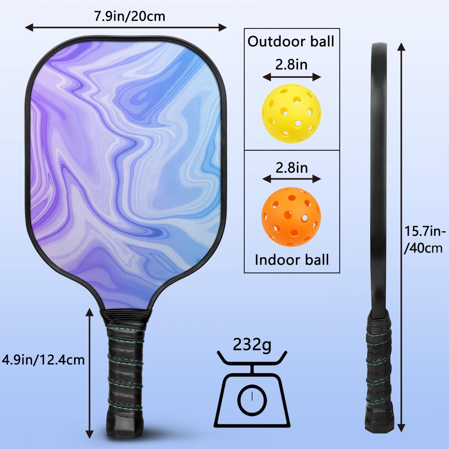 Pickleball Paddles Set Of 1, Fiberglass Surface, Liquid & Marble Print, 1 Paddles, 2 Balls & Bag