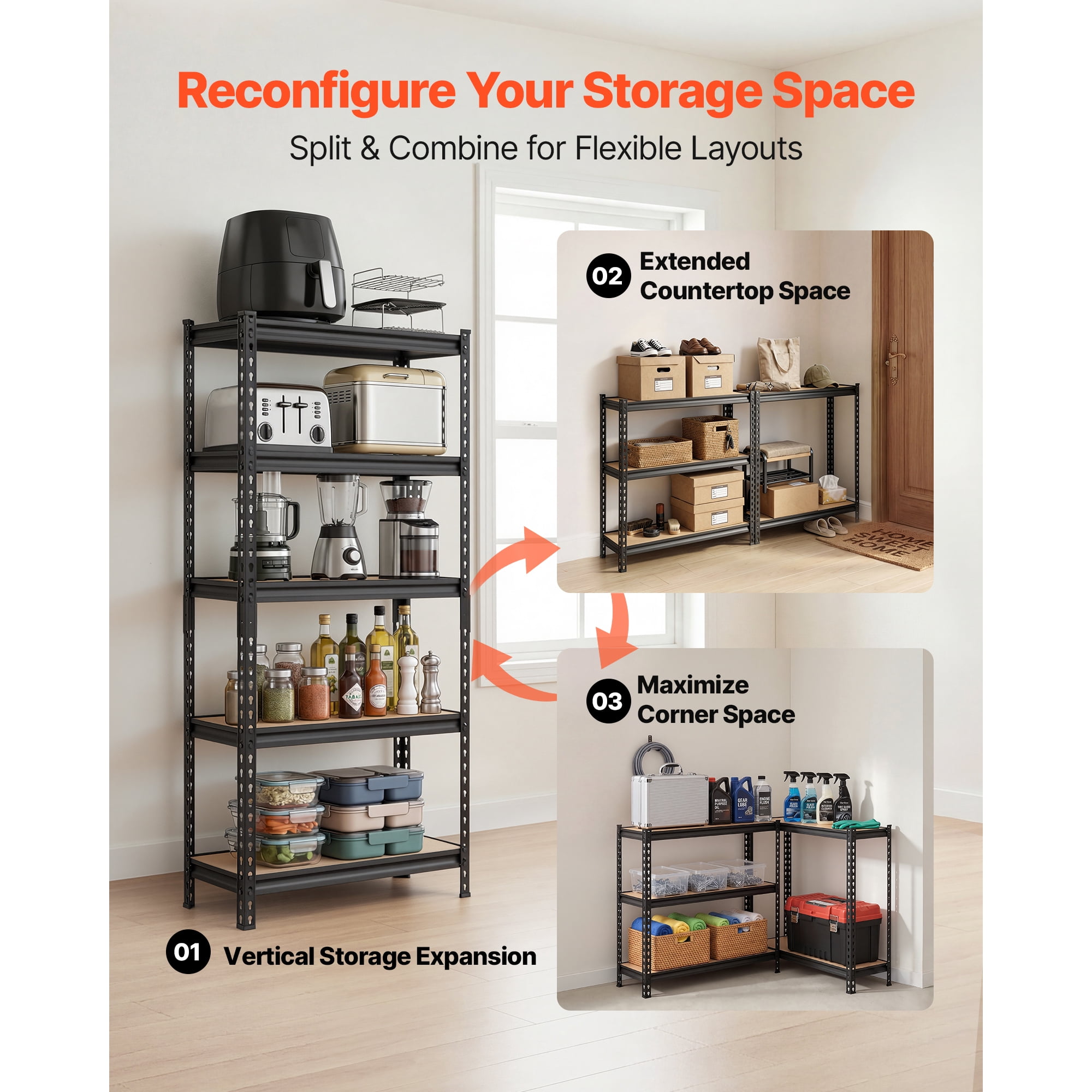 KFFKFF 5-Tier Adjustable Storage Shelves, 2000 lbs Capacity, Heavy Duty Metal Rack for Garage, Kitchen, Basement, or Bathroom, 29.88" W x 12.17" D x 59.84" H