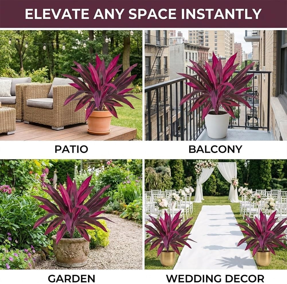 2PCS Large Realistic Artificial Boston Fern & Dragon's Blood Tree Plants with Vibrant Pink/Purple Leaves, UV Resistant Fake Ferns for Outdoors Outside Garden Patio Wedding Balcony(2pcs)